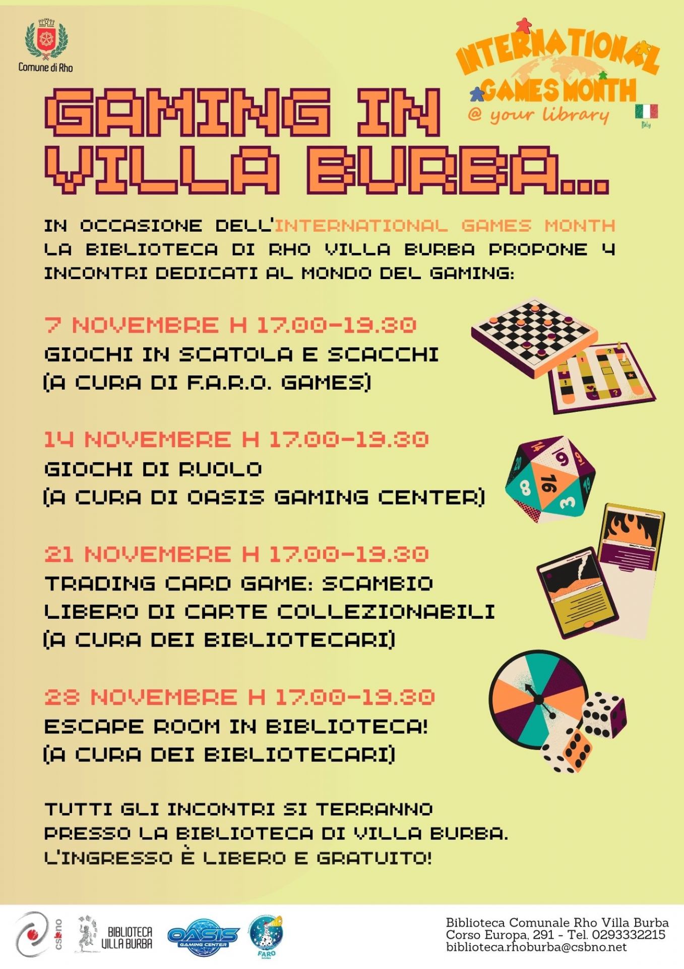 locandina Gaming in Villa burba con tutto il programma e disegni di scacchiere  dadi e altri giochi da tavolo