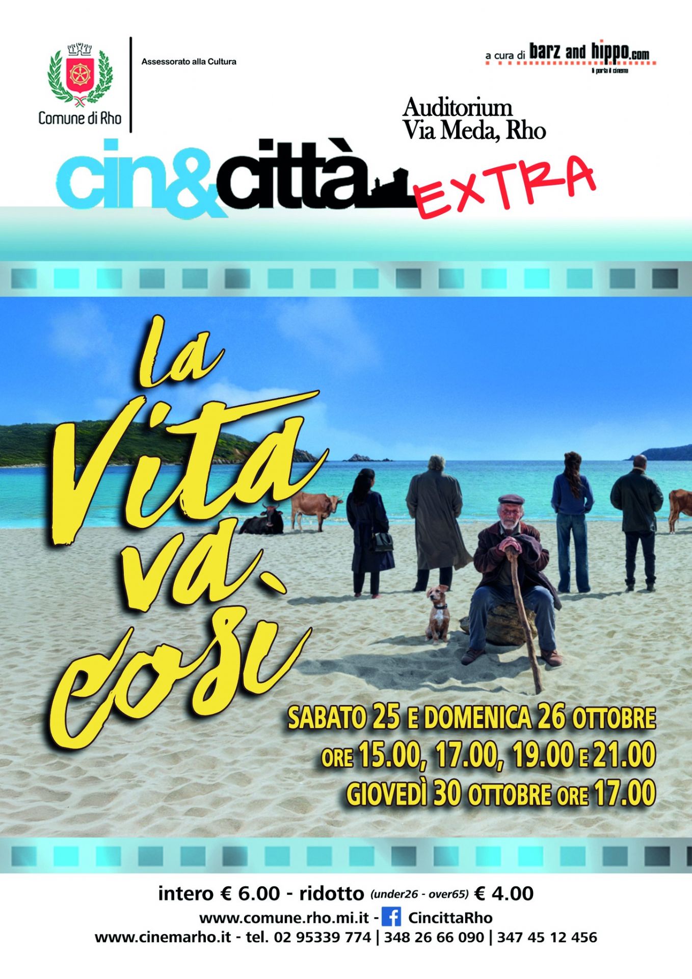 Locandina film La Vita va così cin&città extra. Immagine grafica spiaggia mare una mucca alcune persone e un pecchio pastore con il suo cane.