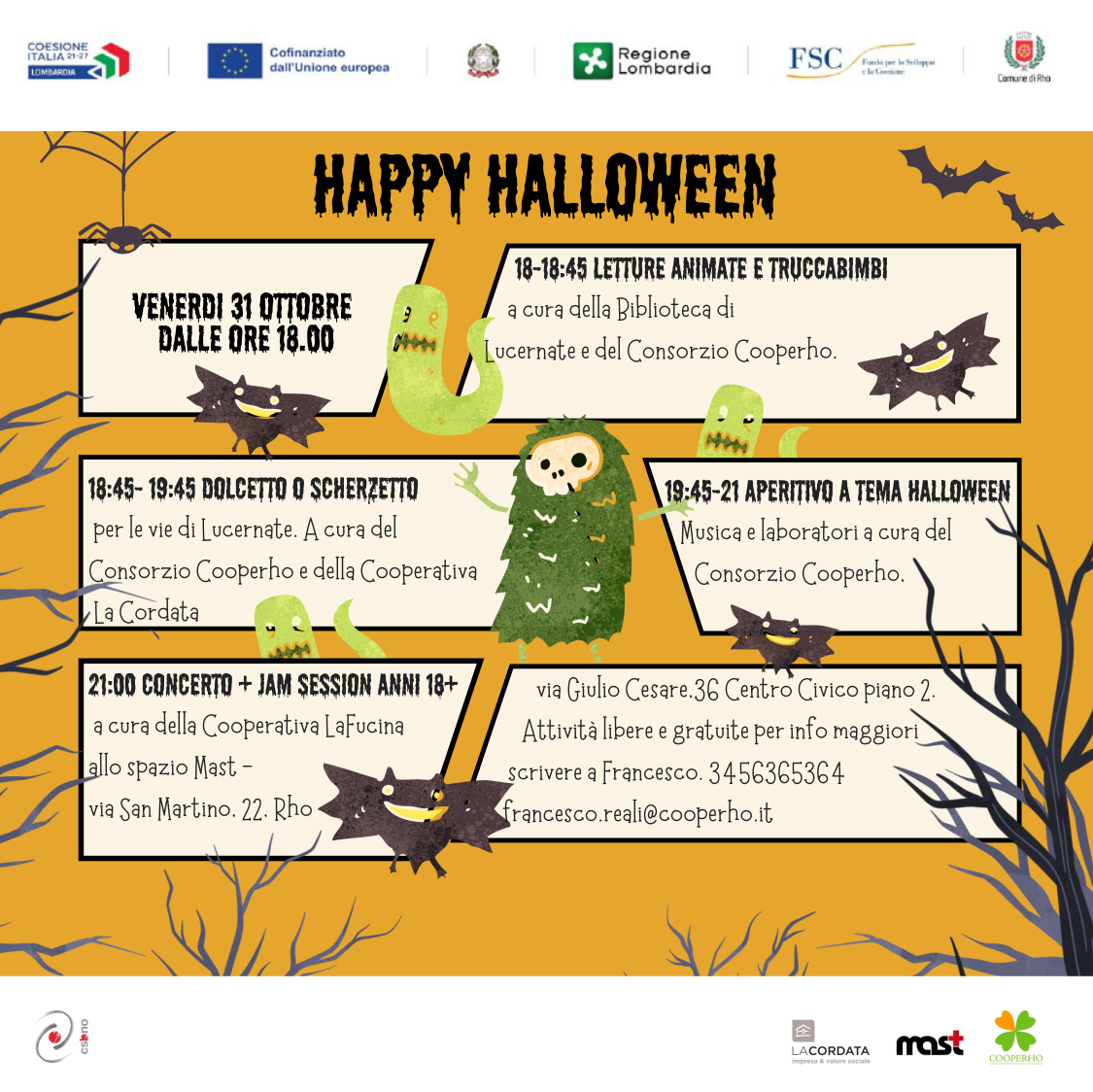 Titolo Happy halloween fantasmino verde e pipistrelli .Programma scritto in riquadri bianchi\n\n