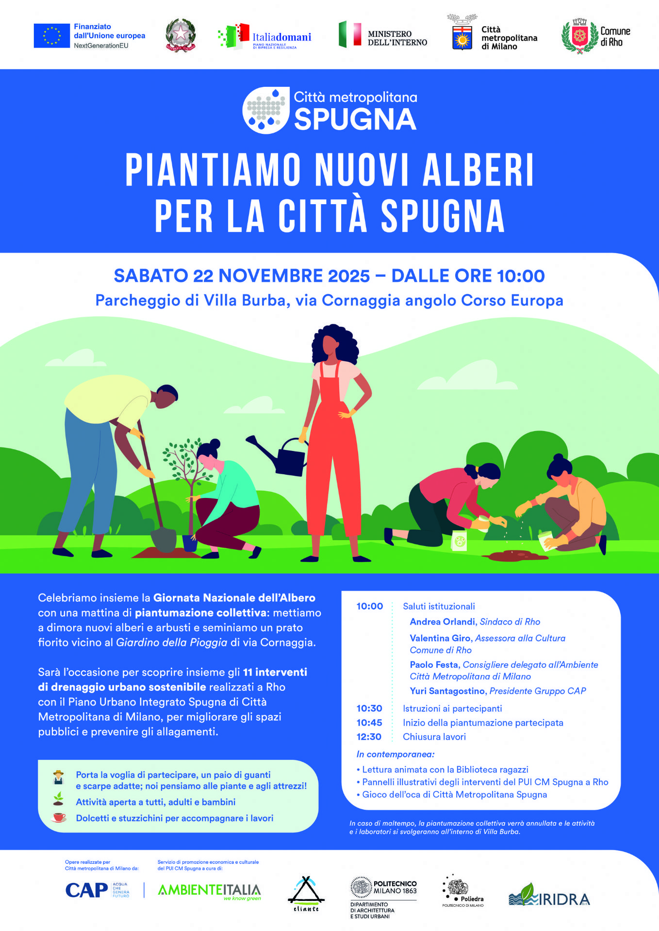 locandina evento Piantiamo Nuovi alberi per la città spugna. Sagome disegnate di persone che piantano e annaffiano in un parco
