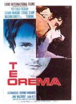 locandina del film teorema un volto e riquadro di due attori 