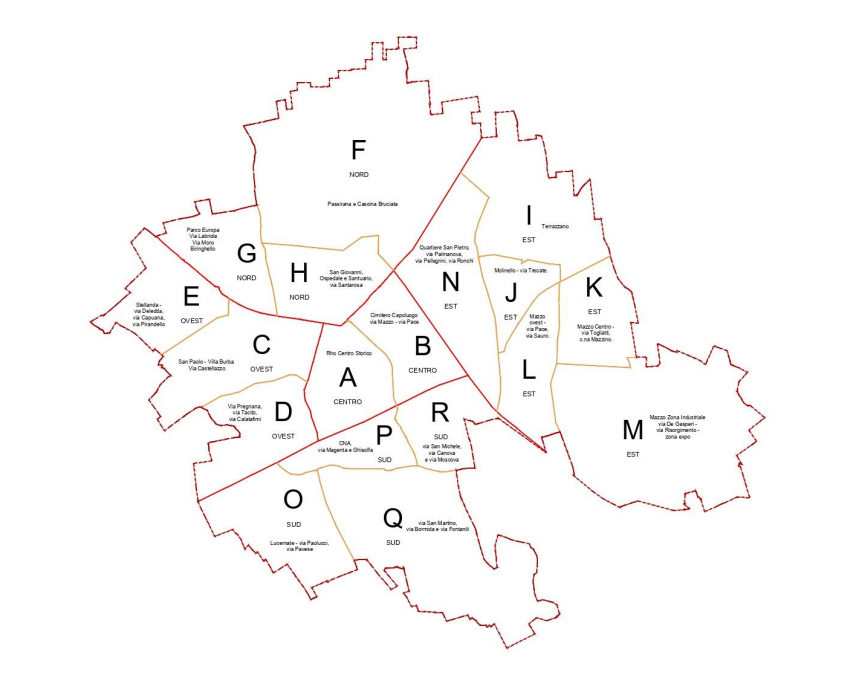 Mappa delle città che illustra schematicamente il servizio di sfalcio dell'erba che sarà effettuato a Rho nella settimana da lunedì 19 a domenica 25 maggio 2025