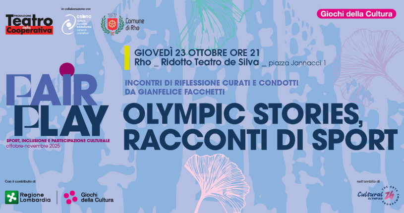 Locandina evento con titolo Olympic stories, racconti di sport  e vari loghi