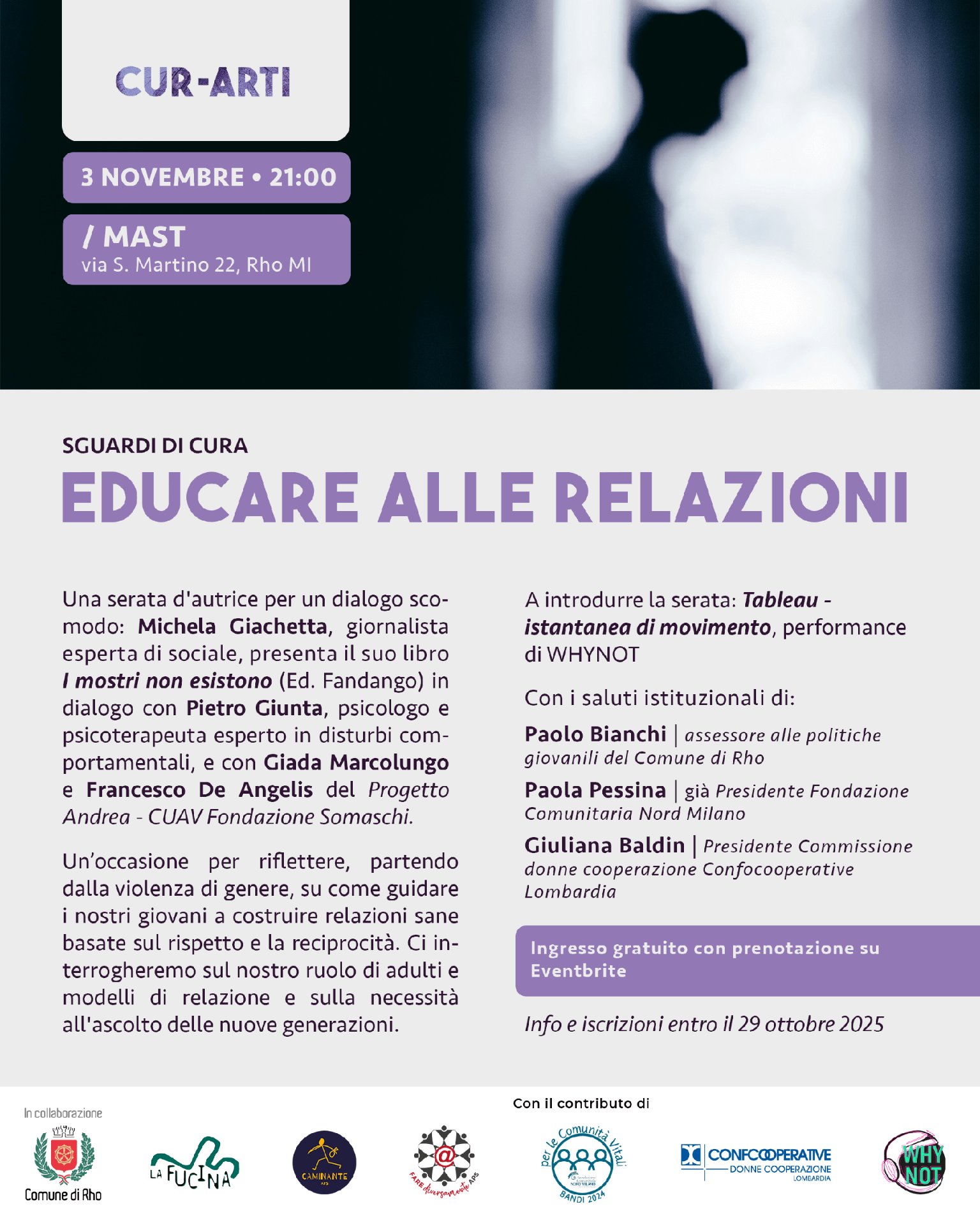 Locandina evento del 3 novembre Educare alla relazione testo che spiega il programma della serata