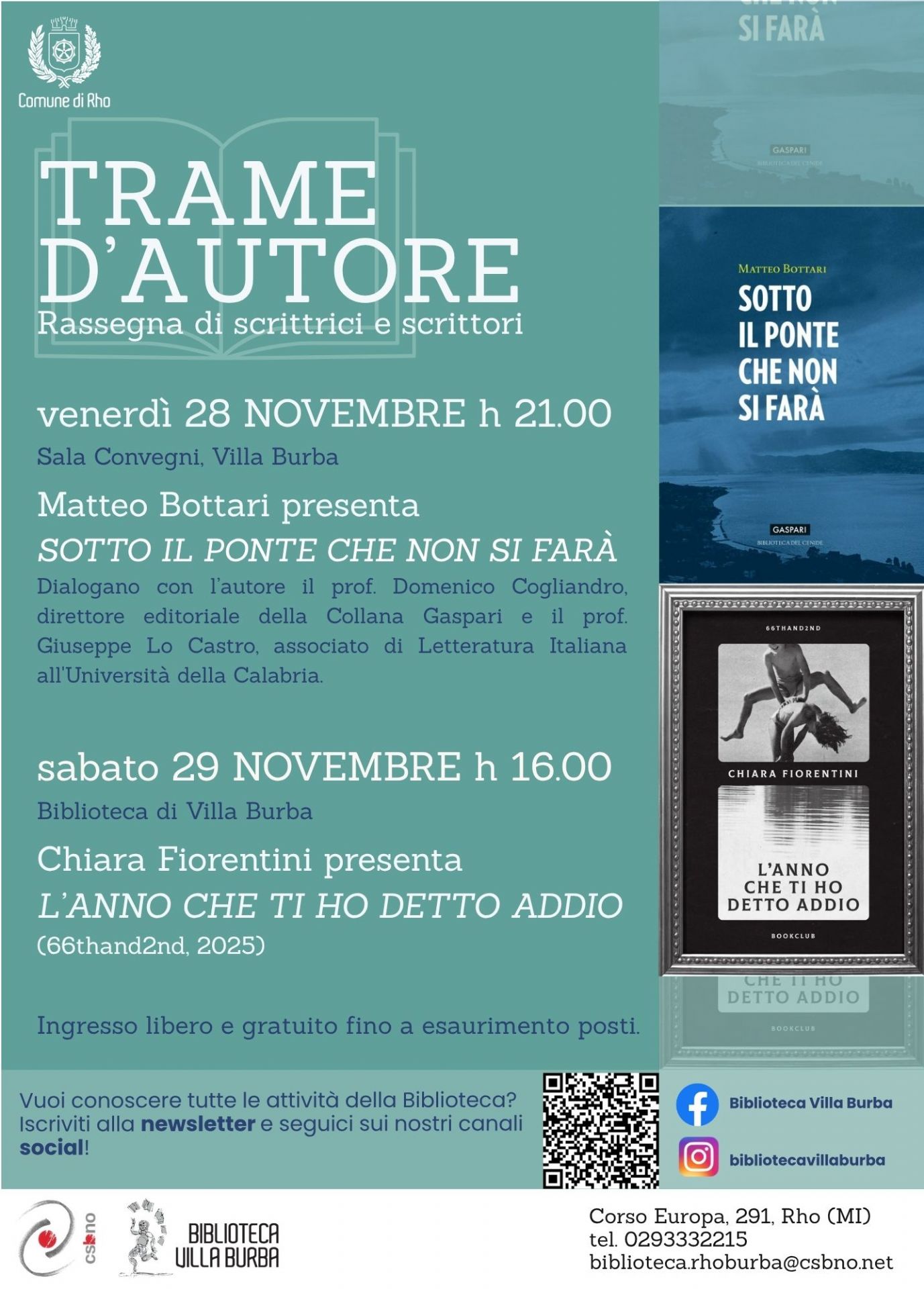 locandina di presentazione evento con le copertine dei due libri