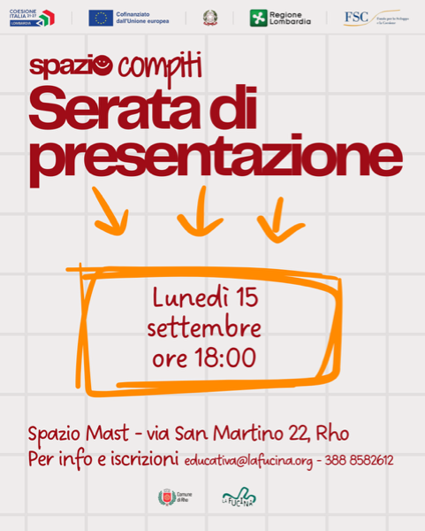 locandina spazioe compiti Serata di presentazione tre frecce gialle e in un riquadro giallo lunedì 15 settembre ore 18:00 Spazio Mast - via San Martino 22, Rho 