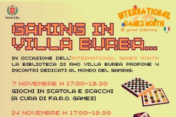 locandina Gaming in Villa burba con tutto il programma e disegni di scacchiere  dadi e altri giochi da tavolo