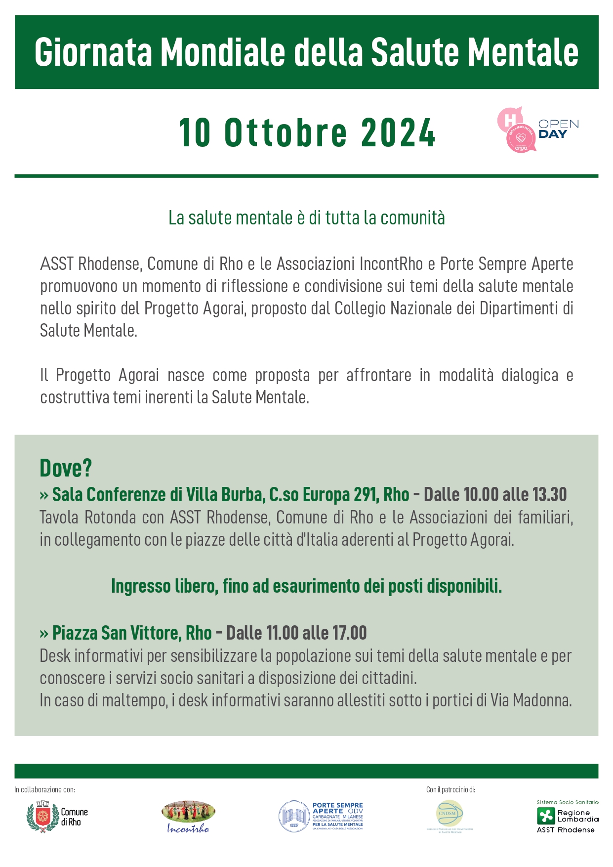 Giornata della salute mentale: desk informativi in centro e tavola rotonda a Villa Burba