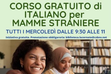corso gratuito di italiano per mamme straniere  tutti i mercoledì dalle 9.30 alle 11. Iniziativa gratuita Prenotazione obbligatoria