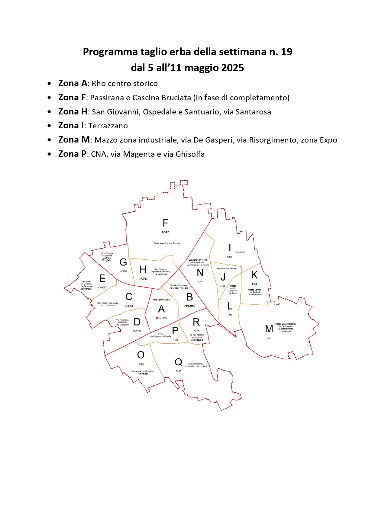 programma taglio erba della settimana n.19 dal 5 all'11 maggio 2025 cartina 