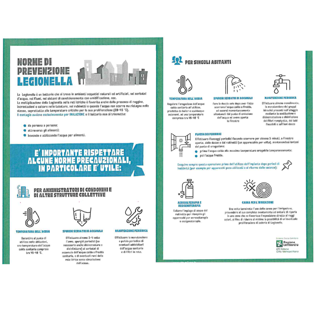Locandina di ATS Città Metropolitana di Milano per la campagna di sensibilizzazione sulle norme di prevenzione del rischio legionella.