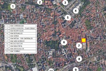 1 Via Cornaggia<br>2 Corso Europa Padri Oblati<br>3 Via Redipuglia<br>4 Via Bersaglio<br>5 Via Serra<br>6 Via Meda<br>7 Via San Giorgio<br>8 Vicolo Secchi<br>9 Via Magenta<br>10 Via Odescalchi<br>11 Via Torino