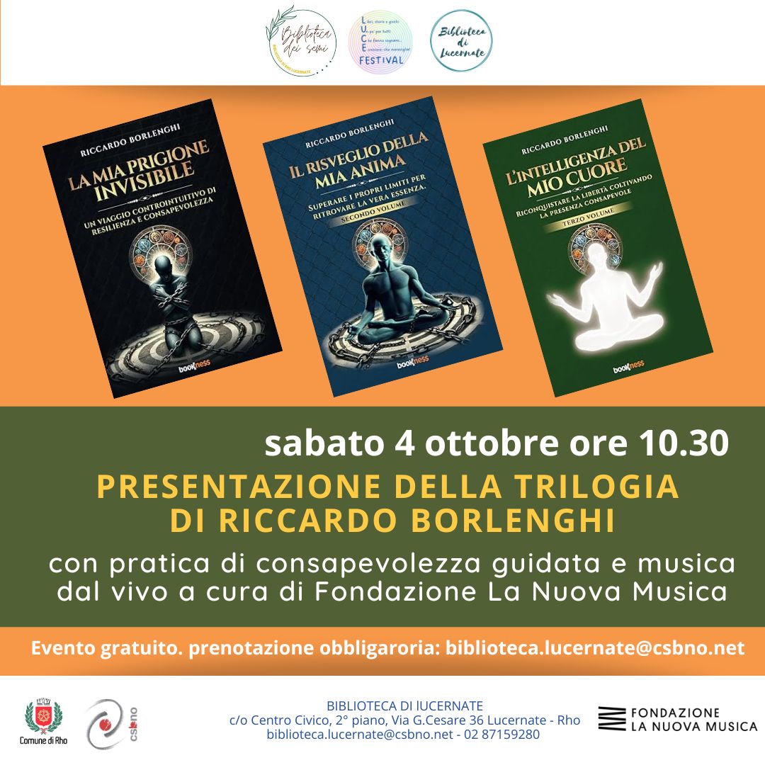 Locandina con le copertine dei tre libri e testo sabato 4 ottobre ore 10.30 presentazione della trilogia di Riccardo Borlenghi