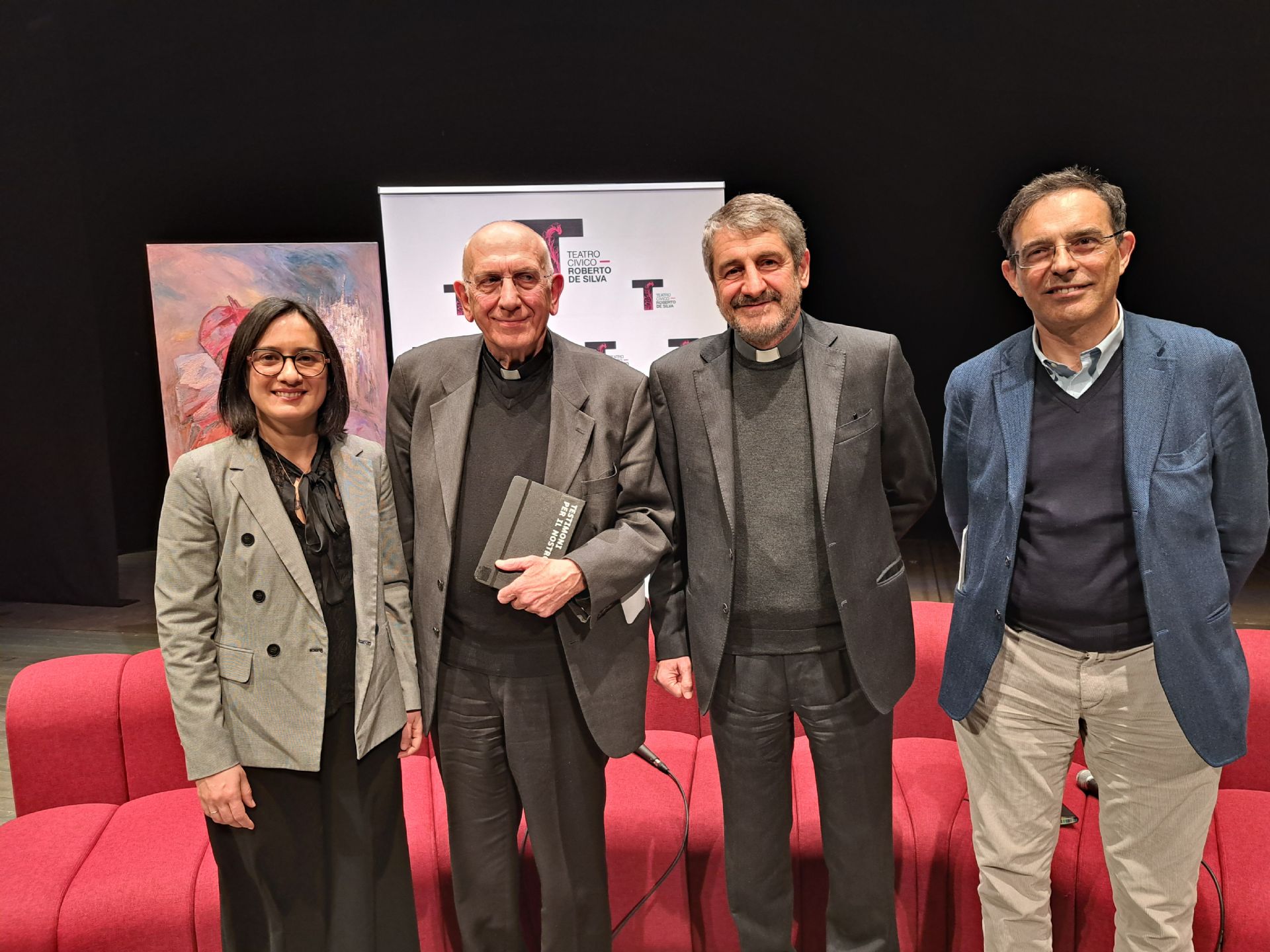 Da sinistra Valentina Giro, monsignor Franco Agnesi, don Marco Bove e Vito Mancuso