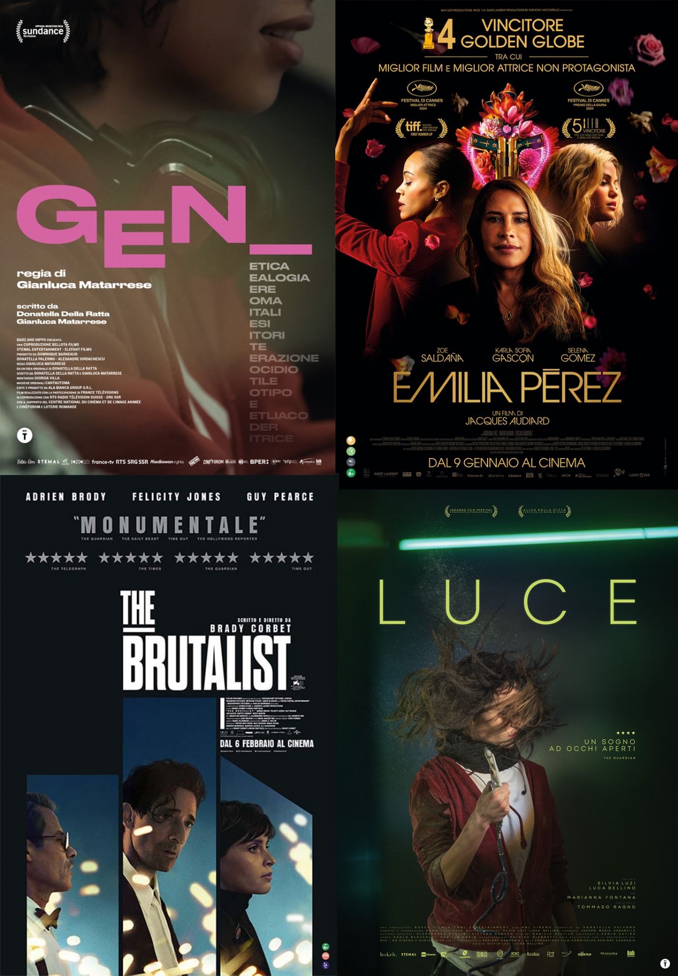 locandine dei film: Emilia Pérez, Luce, The Brutalist e GEN_