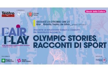 Locandina evento con titolo Olympic stories, racconti di sport  e vari loghi