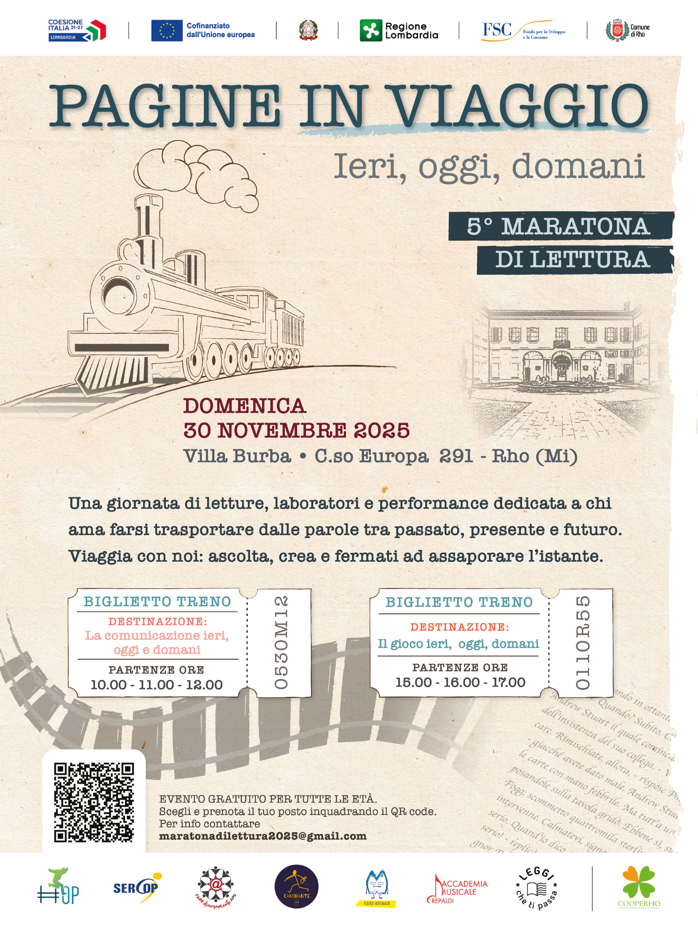 Pagine in viaggio Ieri oggi e domani Una locomotiva  disegnata in matita vicino al disegno  di villa Burba testo e sagome di biglietti