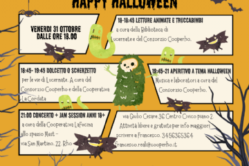 Titolo Happy halloween fantasmino verde e pipistrelli .Programma scritto in riquadri bianchi\n\n