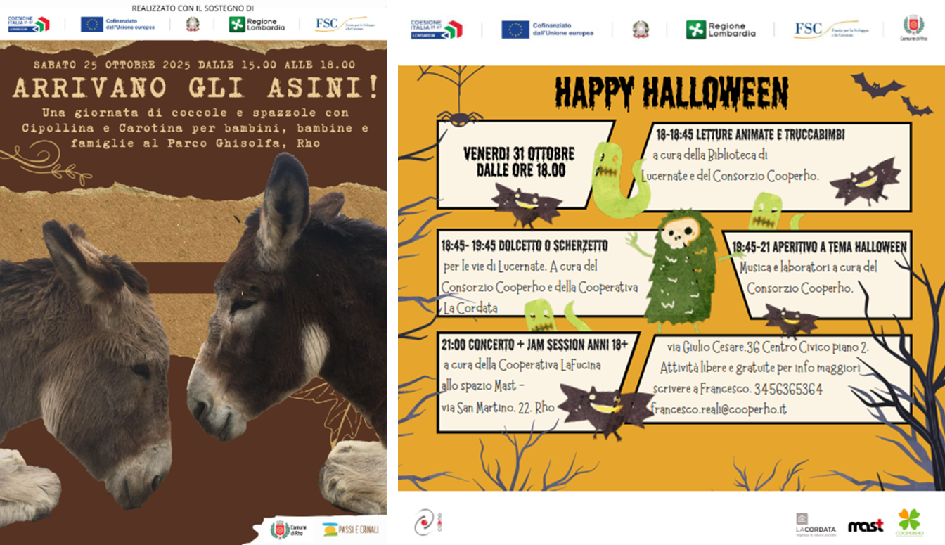 Due eventi e due locandine Titolo Arrivano gli asini! e Happy Alloween