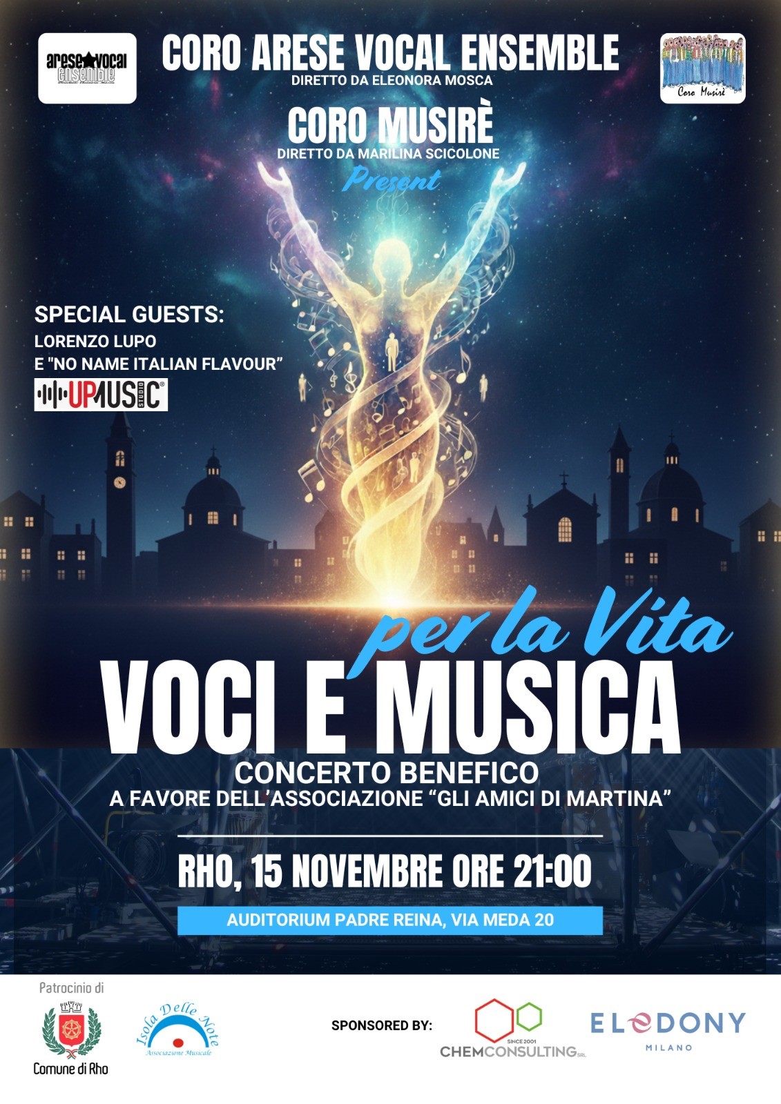 Locandina Per la Vita Voci e Musica sagome di una città di notte e immagine sagoma umana di luce con note dorate